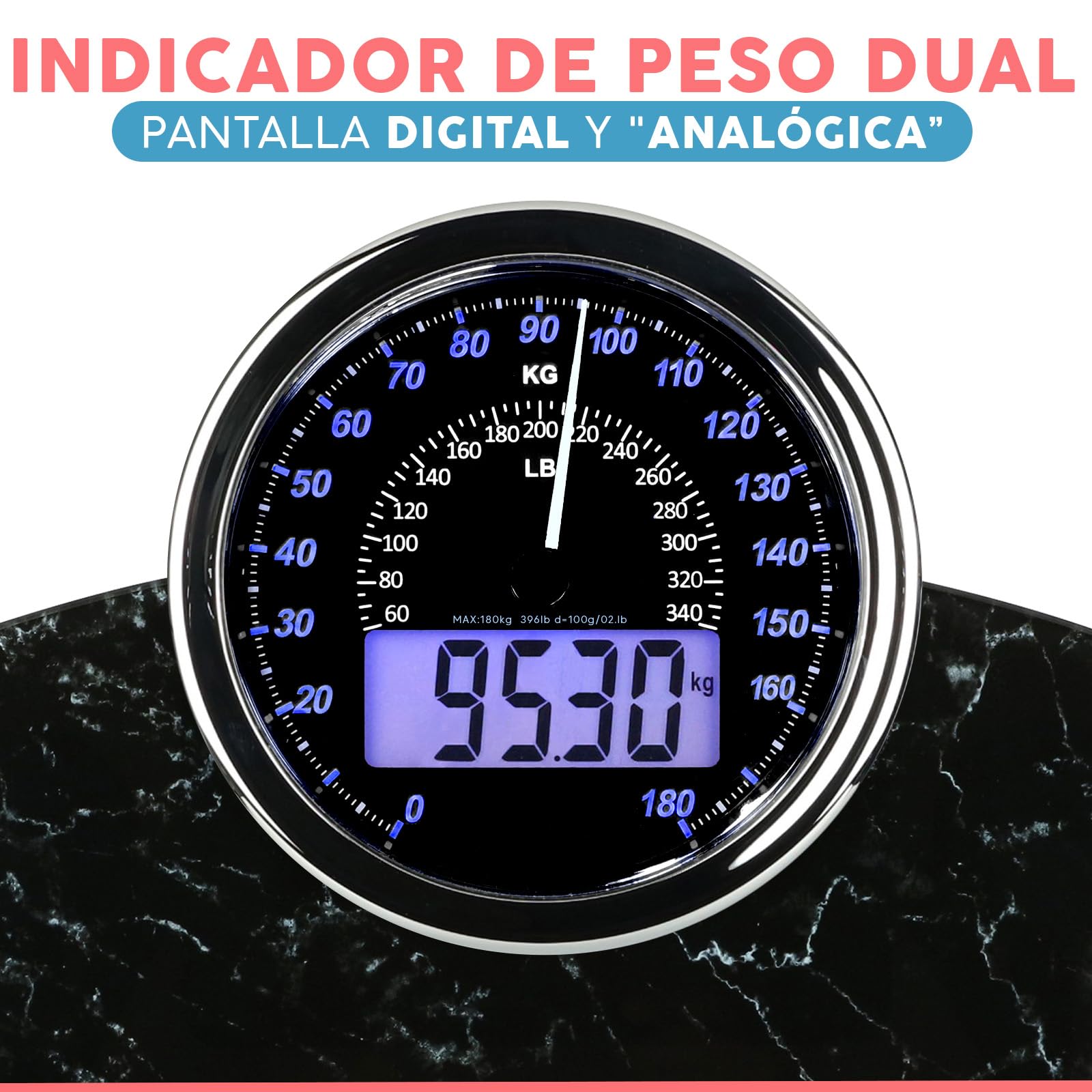Hybrid Báscula de Baño - Analógica & Digital, Precisa hasta 180 kg | Vea su peso en el cuadrante analógico y LCD a la vez. Plataforma ancha, 3 pilas AAA incluidas, lista para usar.