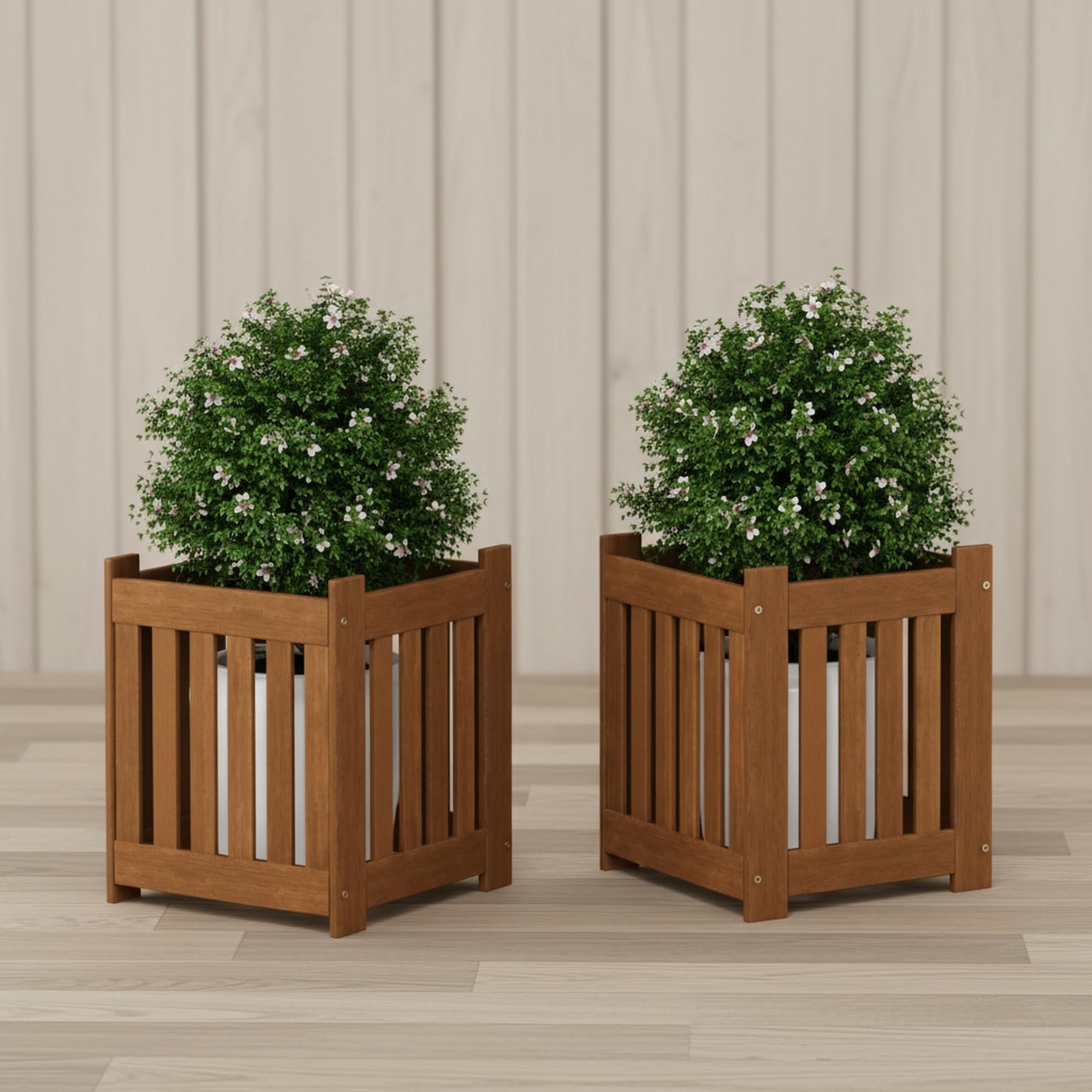 Furinno TIOMAN Planter Box Set of 2, Hardwood Flower Box, Cube Garden Box, in Teak Oil, Outdoor Indoor, Garden, Patio, Balcony, Light Wood