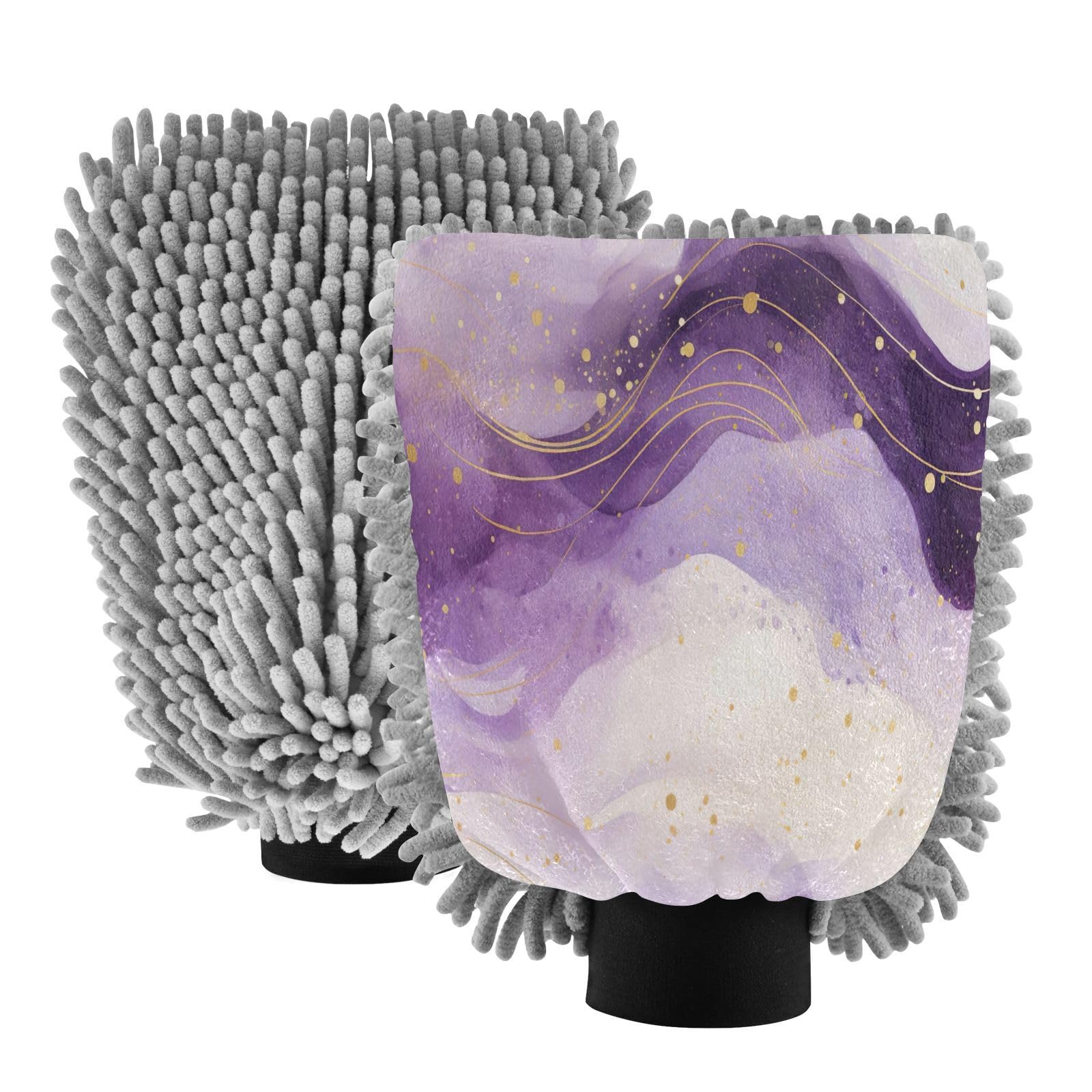 GakkiGii Violet Marble 2 Pack Microfiber Car Wash Mitts, Dual-Sided Chenille Gloves, Scratch-Free for Auto Detailing & Home Cleaning, M