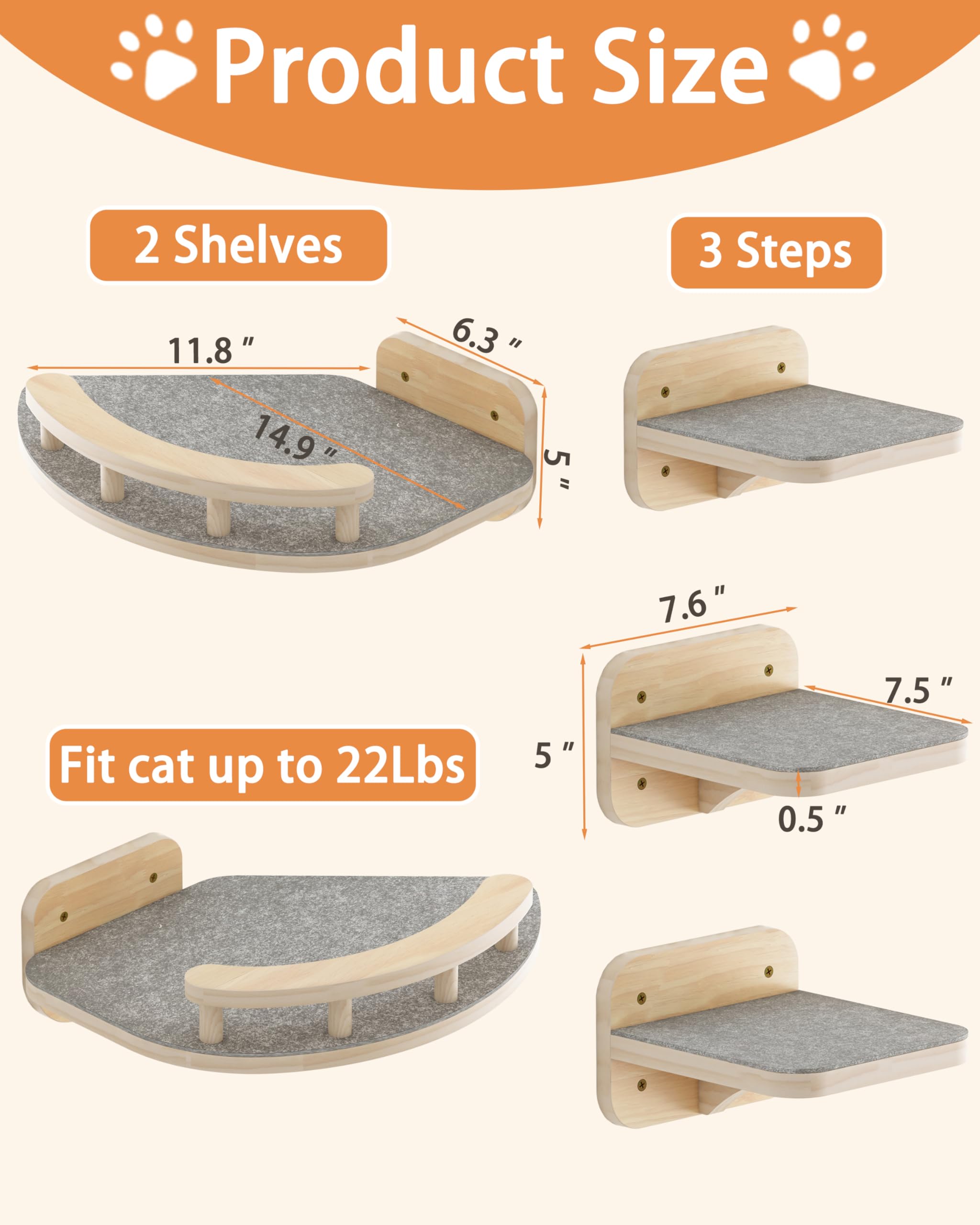 Megidok Modern Cat Wall Furniture, Cat Wall Shelves Fit Cat Up to 22Lbs with 3 Steps Cat Climbing Shelves, Cat Hammock,Floating Cat Shelves,Cat Wall Mounted Shelves and Perches,Gift for Cat