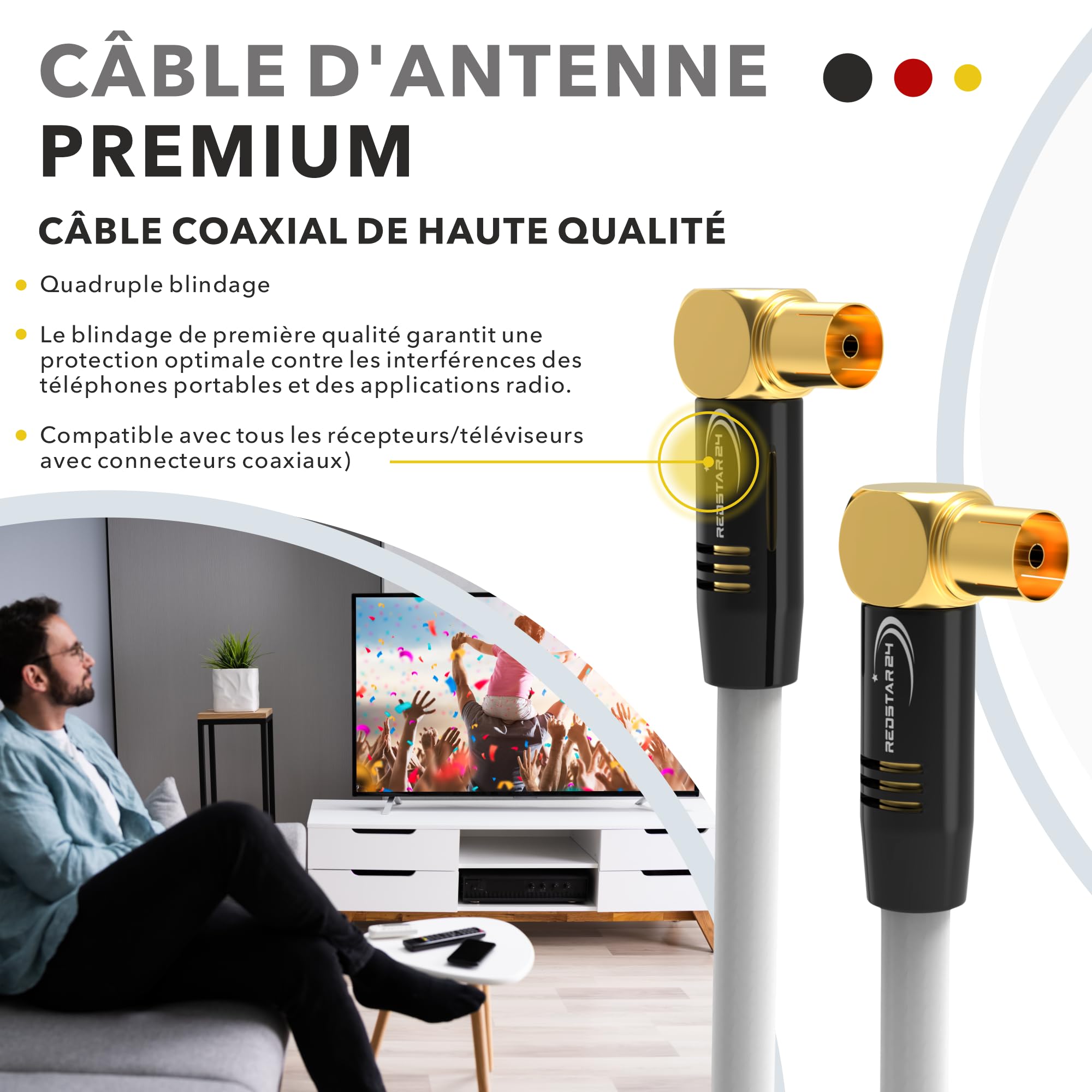 RedStar24 Câble d'antenne coaxial HDTV de 1,5 m blanc - Coudé à 90° - Mâle vers femelle - Câble coaxial HDTV de qualité supérieure pour télévision par câble - Câble TV : compatible avec TV, radio