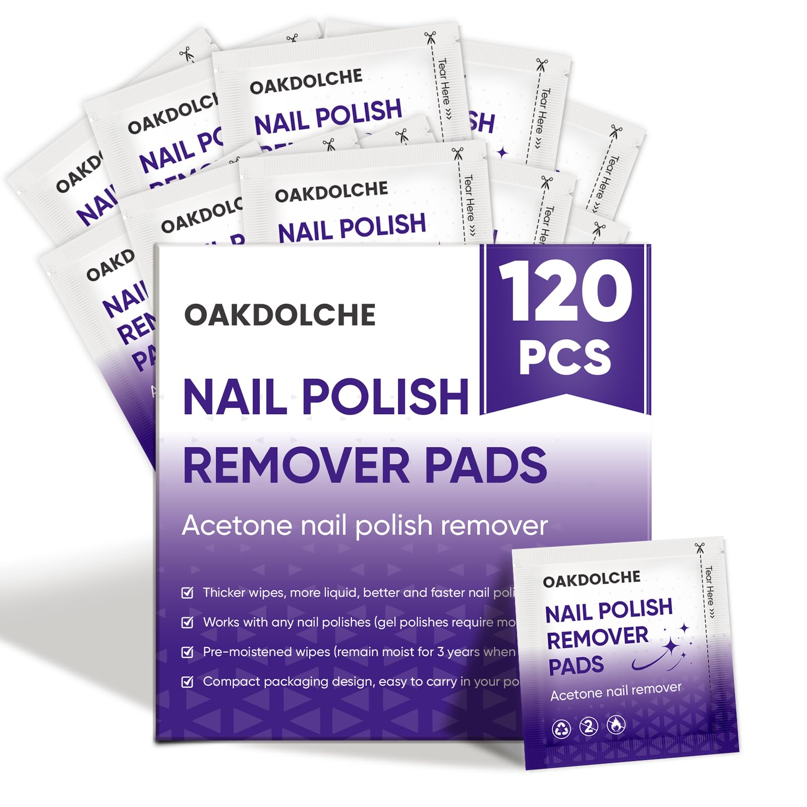 120P Bulk Acetone Nail Polish Remover Pads, Individually Wrapped