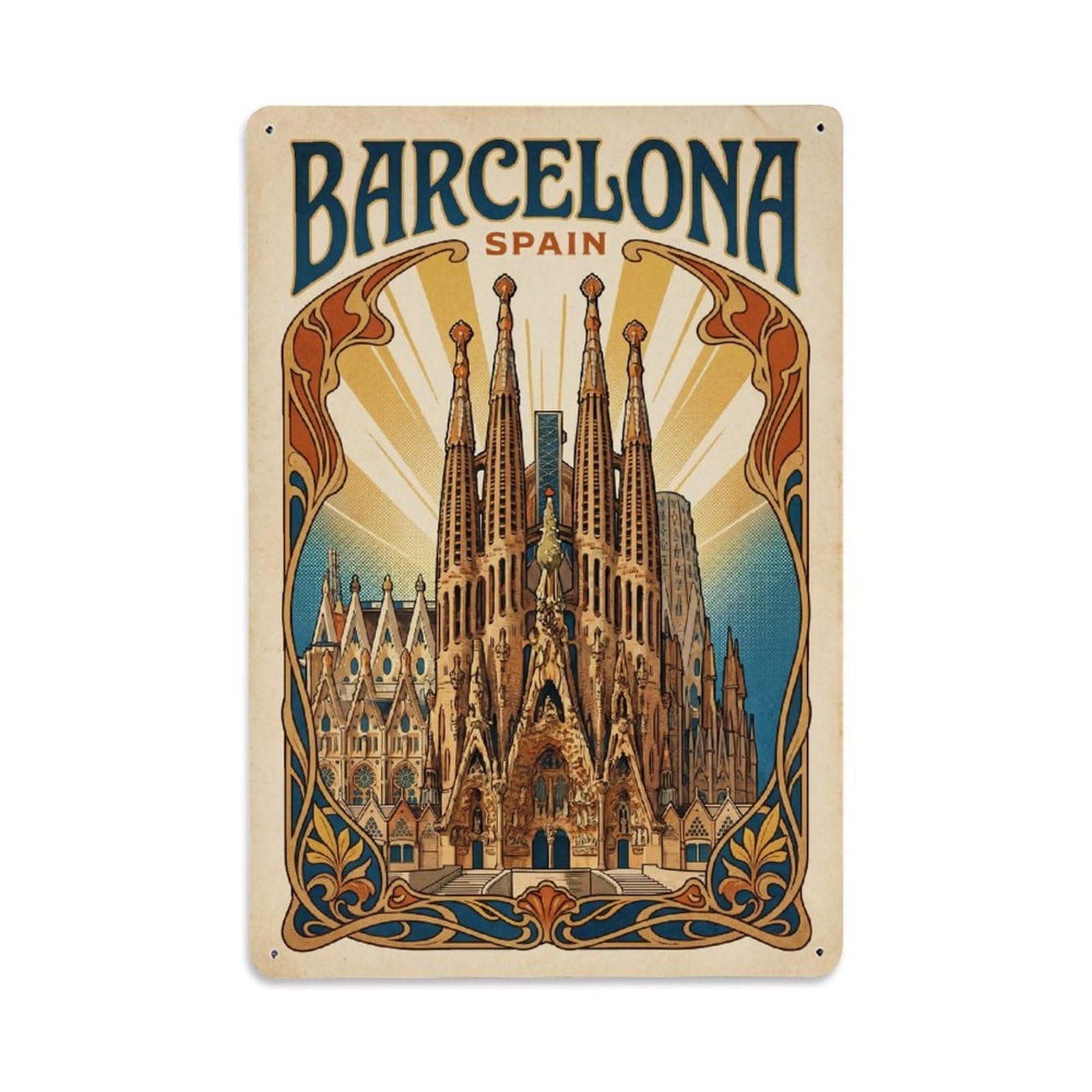 Vintage Travel Spain Barcelona Metal Tin Sign