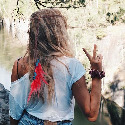 Miniatura 5 de GORTIN Diadema de plumas bohemias, diadema de plumas indias rojas, diadema gitana, diadema hippie, festival, fiesta, disfraz, diadema, festival,