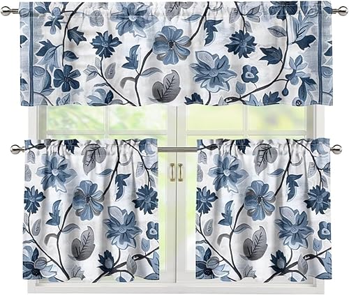 Miniatura 15 de Cortinas de Cocina con Colibríes y Flores, Cortinas de Ventana con Cenefa y Niveles Juego de 3, Cortinas Cortas con Bolsillo para Barra, Cortinas