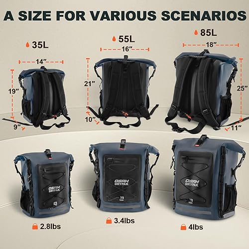 Miniatura 2 de Mochila impermeable 35L55L85L  Mochila de senderismo resistente con parte superior enrollable que mantiene el equipo seco para viajes, kayak,