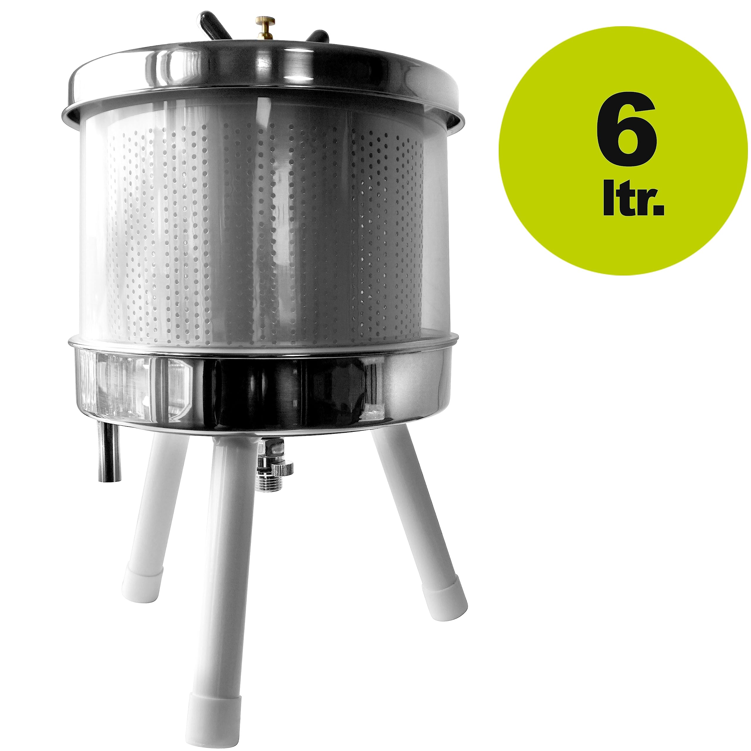 Mini Hydropresse: Wasserdruckpresse Frutty 6 Liter, Edelstahl Apfelpresse/Obstpresse/Mostpresse, mit Spritzschutz, Tisch-Maischepresse für den Haushalt, mit professioneller Hydrodruck-Technik