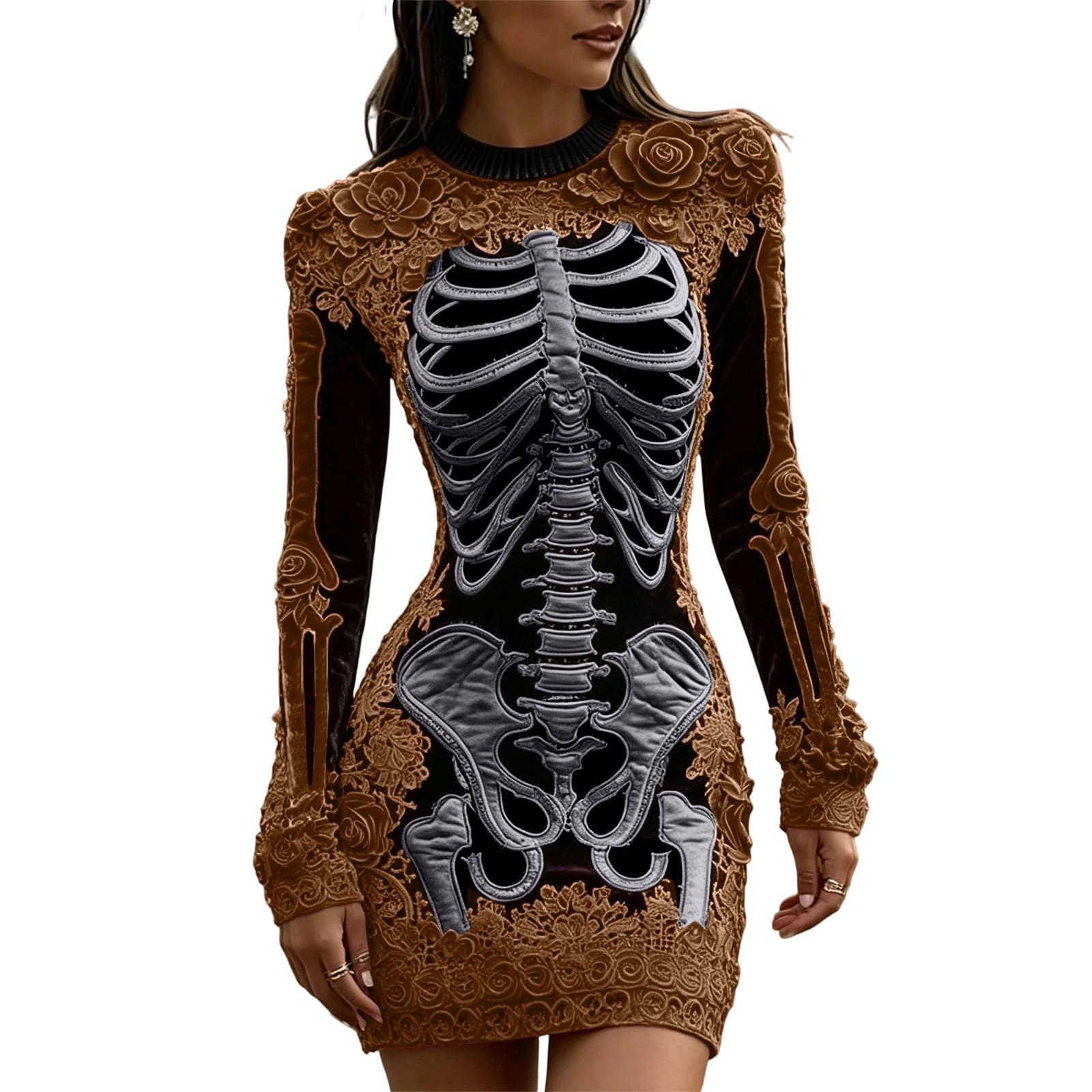 Women Halloween Costume Vintage Long Sleeve Crew Neck Gothic Mini Dress — image 1