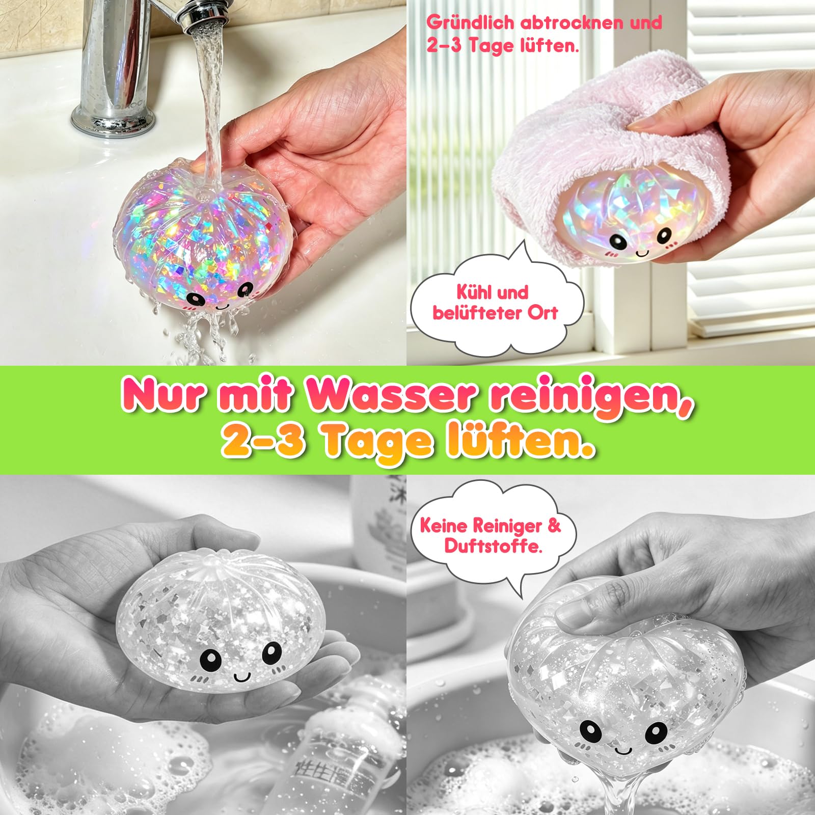 Dumpling Squishy mit Dampfgarer Box,mit Reinigungs- und Entlüftungshinweis Anti-Stress Handspielzeug als Geburtstagsgeschenk, 9 cm Transparent Regenbogen Glitzer Squishy Knödel