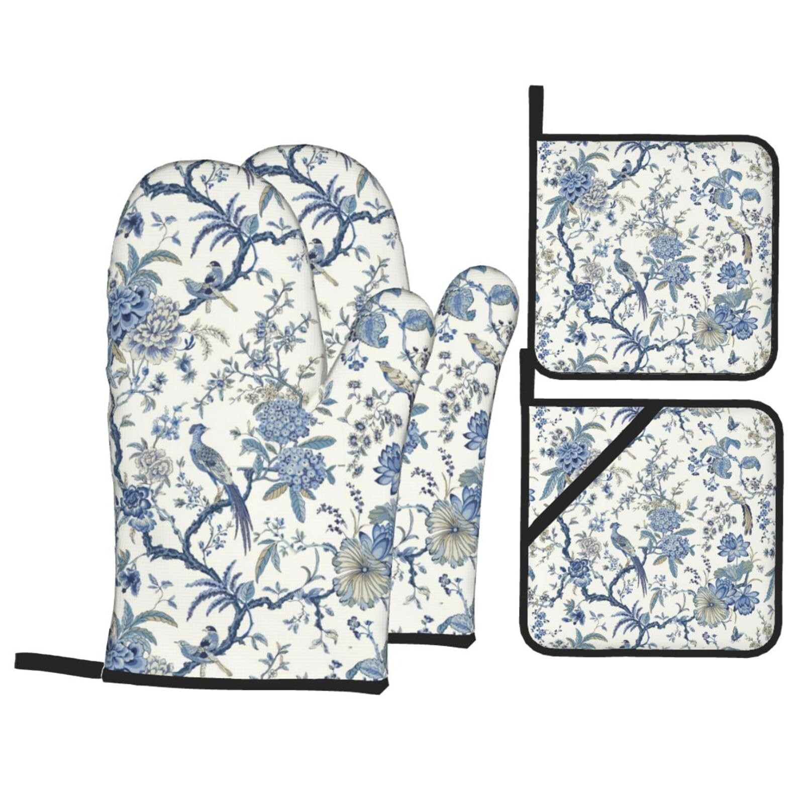 Blue Chinoiserie Oven Mitts and Pot Holders Sets - Navy Blue Kitchen Mitts Potholders 4 Pack Heat Resistant Hummingbird Floral Oven Gloves Hot Pads for Kitchen Baking Grilling Party