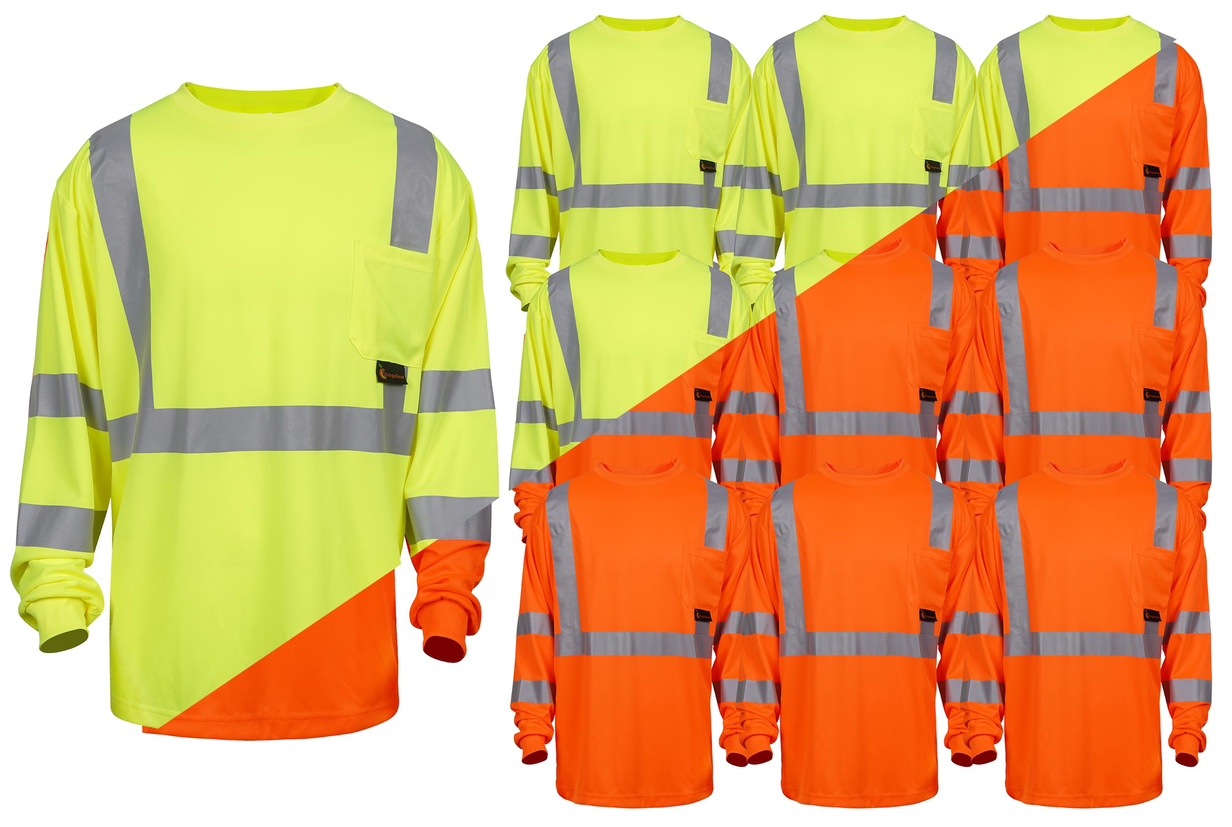 OrangeGear® Class 3 Long Sleeve High Visibility Reflective Moisture Wicking T-Shirt (5 Pack) (US, Alpha, 4X-Large, Regular, Regular, Lime)