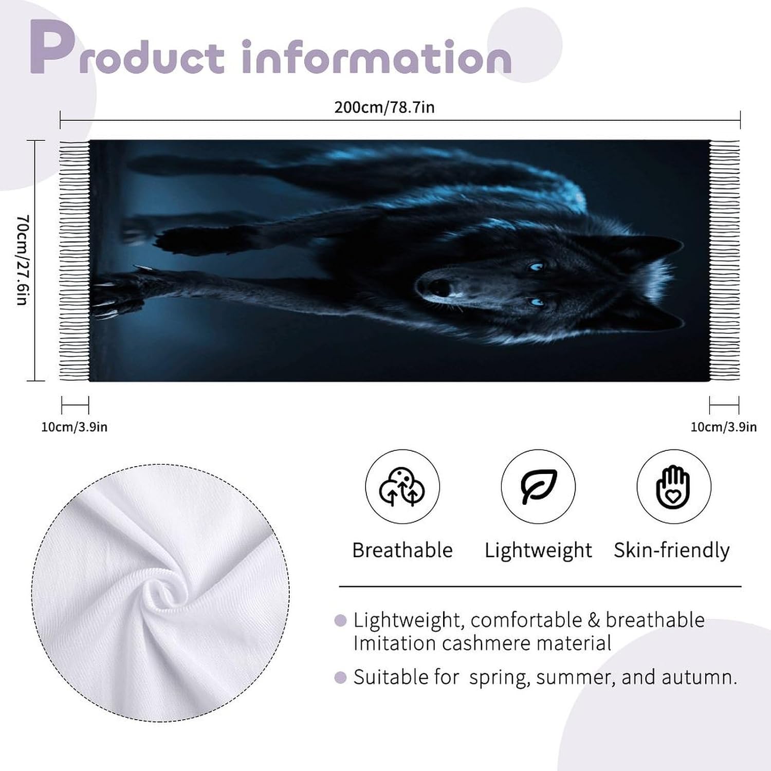 Cool Cyan Black Wolf Scarf for Women Men Classic Fashion Blanket Scarves Soft Cashmere Feel Scarf Cold Weather Warm Long Shawl Winter Large Scarves Classic Blanket Scarfs Thick