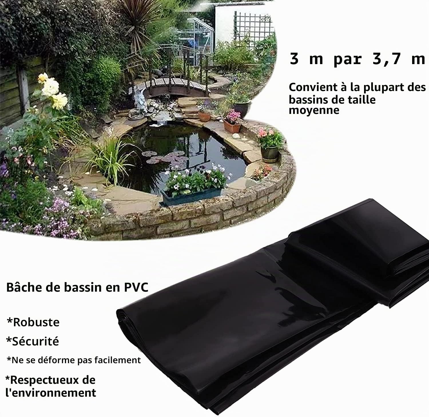Poweka 3m*3.7m Bâche de Bassin Durable HDEP pour Bassin koï, Cascade, ruisseau, Fontaine et Jardin d'eau dans de Nombreuses Formes