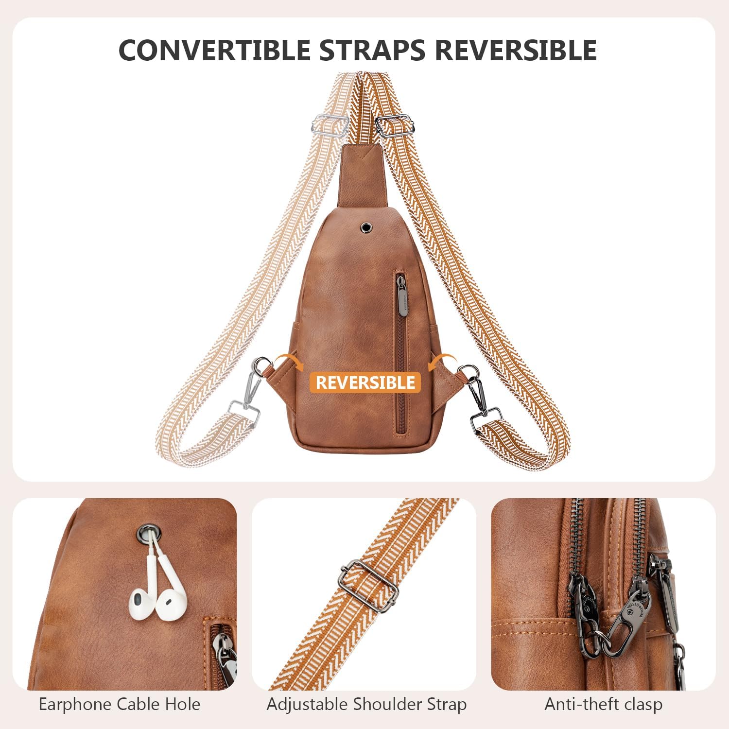 Anti-theft Sling Bag for Women, Crossbody Chest Bags, PU Leather Small Fanny Pack with Adjustable Strap, Brown - Image 5