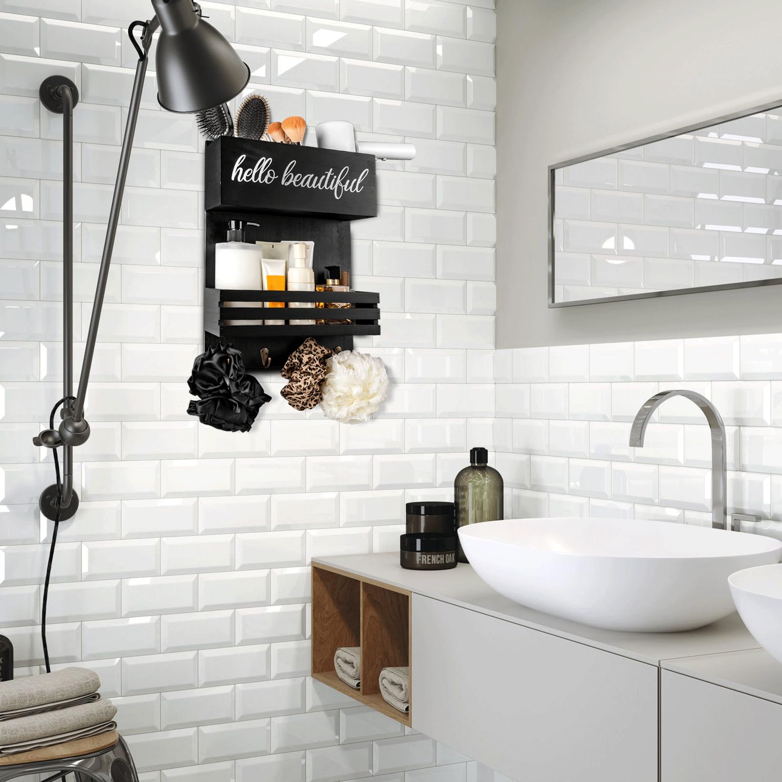 Portasecador de Pelo Madera - Organizador 2 Niveles para Planchas y Cosméticos del Baño,Organizador de Herramientas para el Cabello, Montaje en pared o Mostrador (Negro)