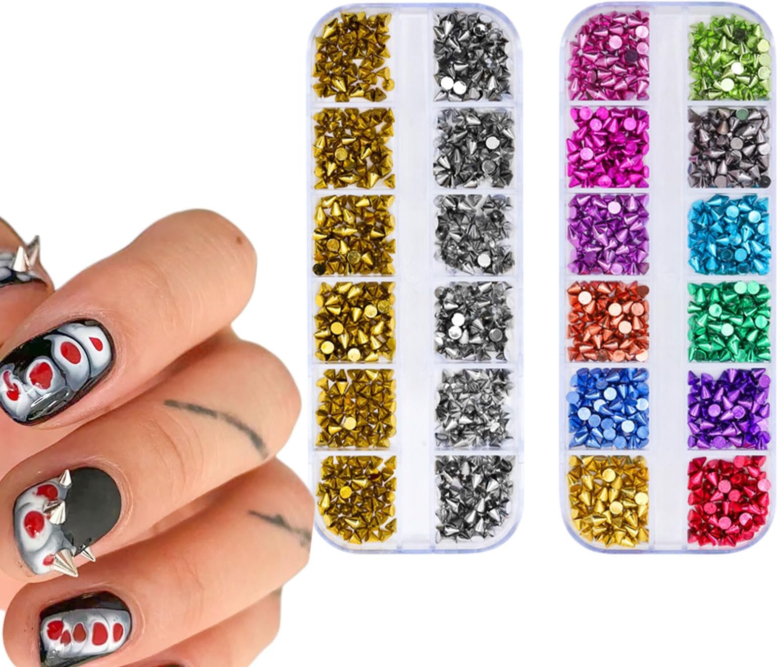 Nail Parts 2 Box Set Metal Studs Nail Cone Crystal Rivets Punk Nail Stone Metal Coating Nail Parts Conical Rhinestone Conical Nail Art Parts Gold Silver Colorful Jewelry Metal Parts Nail Studs Bag