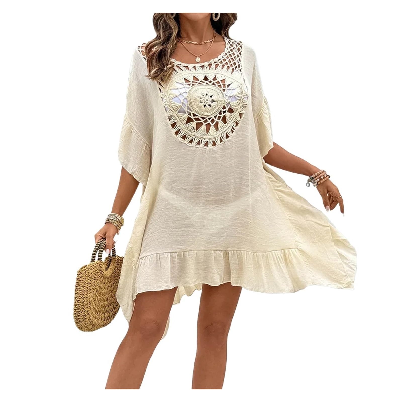Paréo Robe de Plage Tunique ajourée à Manches Courtes, vêtements, Cover-Up pour Piscine