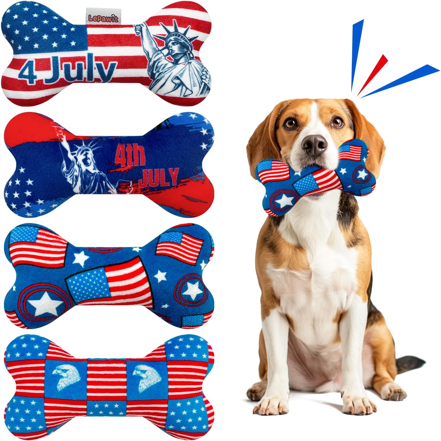 4th of July Squeaky Dog Toys, 4 Pack Dog Plush Bone Toys for 4th of July Gifts, Interactive Fetching Dog Toys Suitable for Small and Medium Dogs
