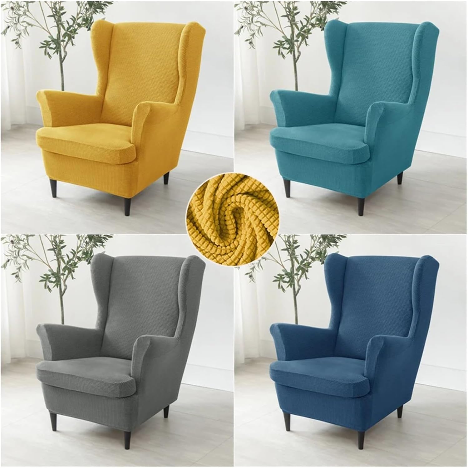 Wing Chair Slipcover 1Set Elastic Wing Chair Cover with Seat Cushion Wingback Hotel Sofa Ottoman Armchair Slipcover for Bedroom Living Room(Color 2)