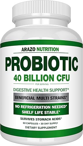 Arazo Nutrition Probiotic 40 Billion CFU - Shelf Stable with Prebiotics and Acidophilus - Stable Potency Until Expiration  Time Delay Release