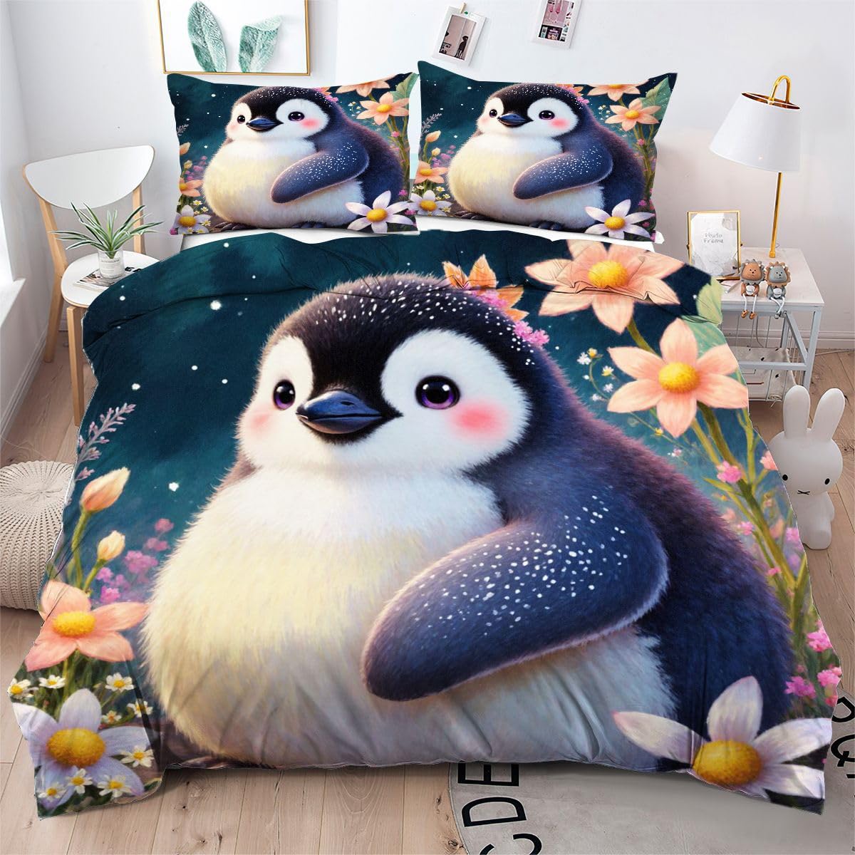 Komplet pościeli 220x240 cm czarny pingwin, łatwy w pielęgnacji zestaw pościeli z zamkiem błyskawicznym, zestaw poszewek na kołdrę z nadrukiem 3D do pieluchy dekoracji sypialni