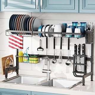 GSlife Over The Sink Dish Drying Rack - Length Adjustable (33.7"-39.5") Dish Drying Rack with 4 Multiple Baskets, Large Capacity Kitchen Sink Rack, Space Saver, Black