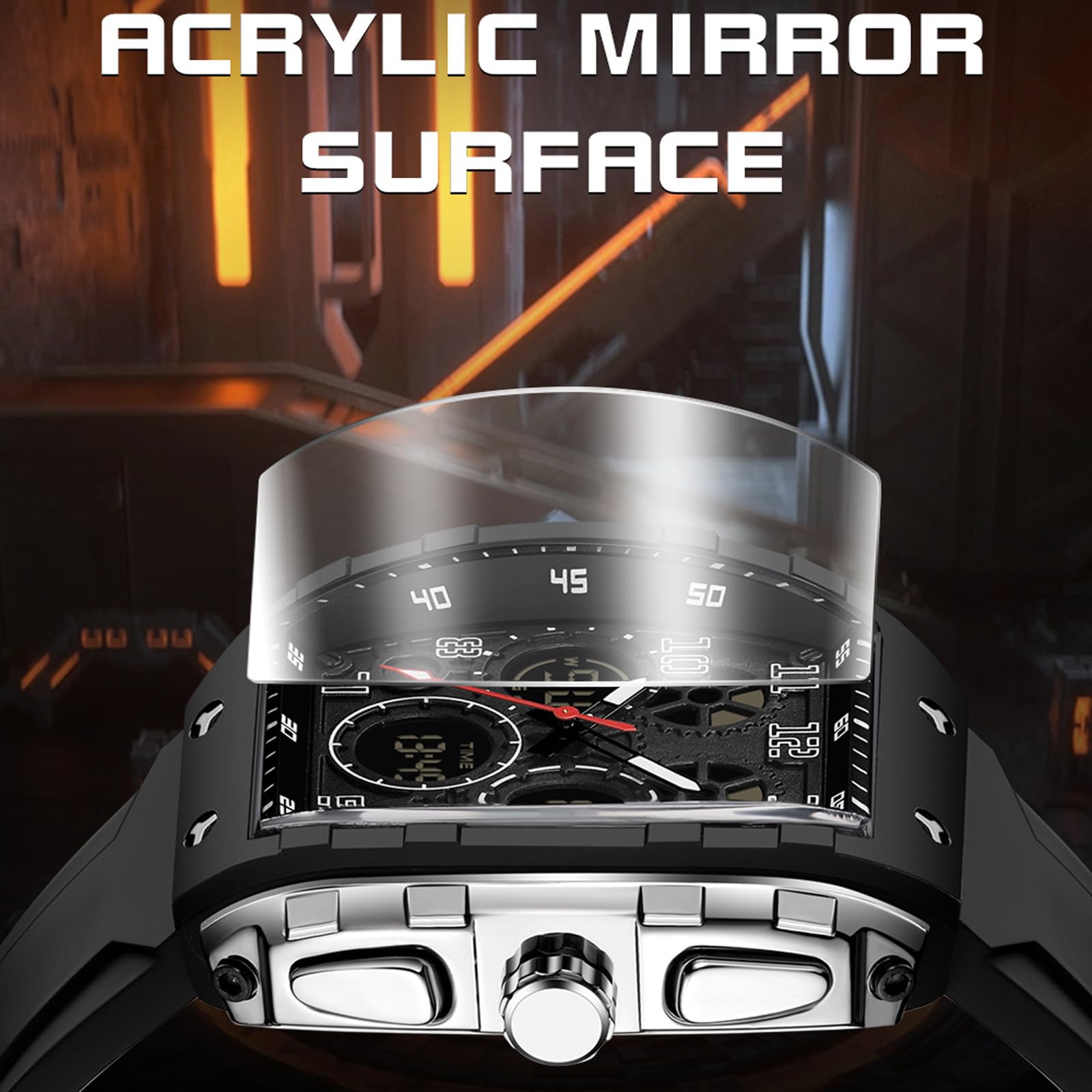 findtime Orologio rettangolare da uomo, design alla moda, creativo, digitale, analogico, al quarzo, con timer doppio, cronometro 5 ATM, impermeabile, bianco