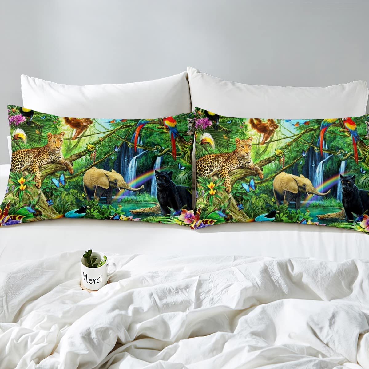 Zoom Thème Housse de Couette Léopard Éléphant Singe Oiseau Parure de Lit 220x240cm Papillon Serpent Botanique Ensembles de Housse de Couette pour Enfants Chambre Décor Avec 2 Taie d'oreiller