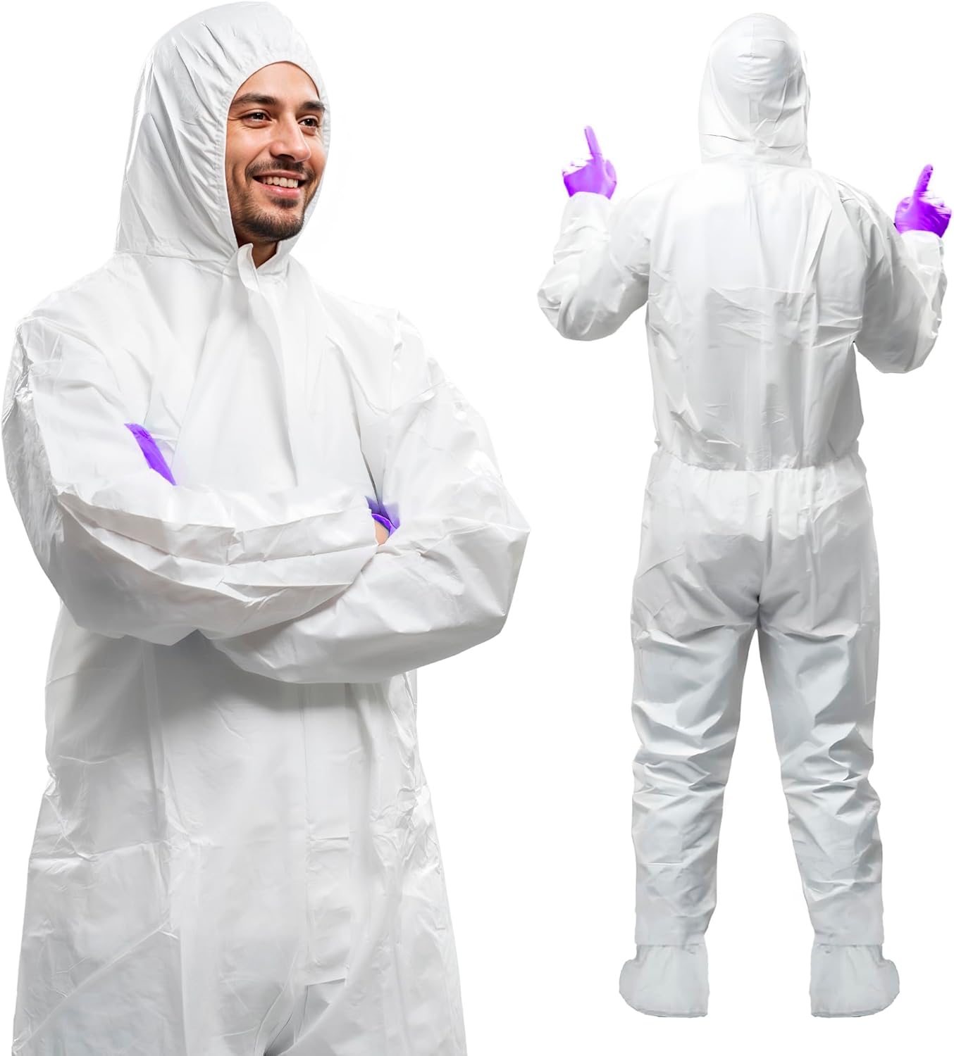 AMZ Medical Supply White Disposable Coveralls with Hood & Boots, 4X-Large. Pack of 5 Microporous Lab Coveralls for Men & Women. 60 GSM Painters Suit Disposable with Elastic Wrist, Lower Back, Zipper