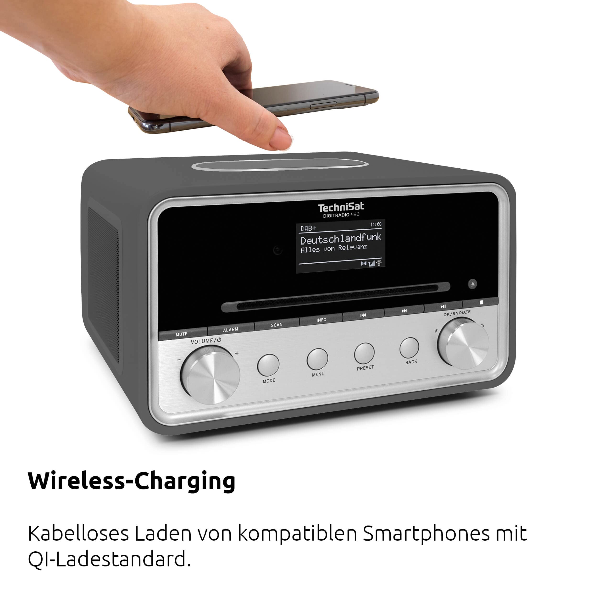 TechniSat DIGITRADIO 586 – DAB+ Hybridradio (Internetradio, UKW, Bluetooth, Spotify, Wireless Charging, App-Steuerung, OLED-Display, USB, CD, MP3, AUX, 20 W, Kompakt-Anlage, Fernbedienung) anthrazit