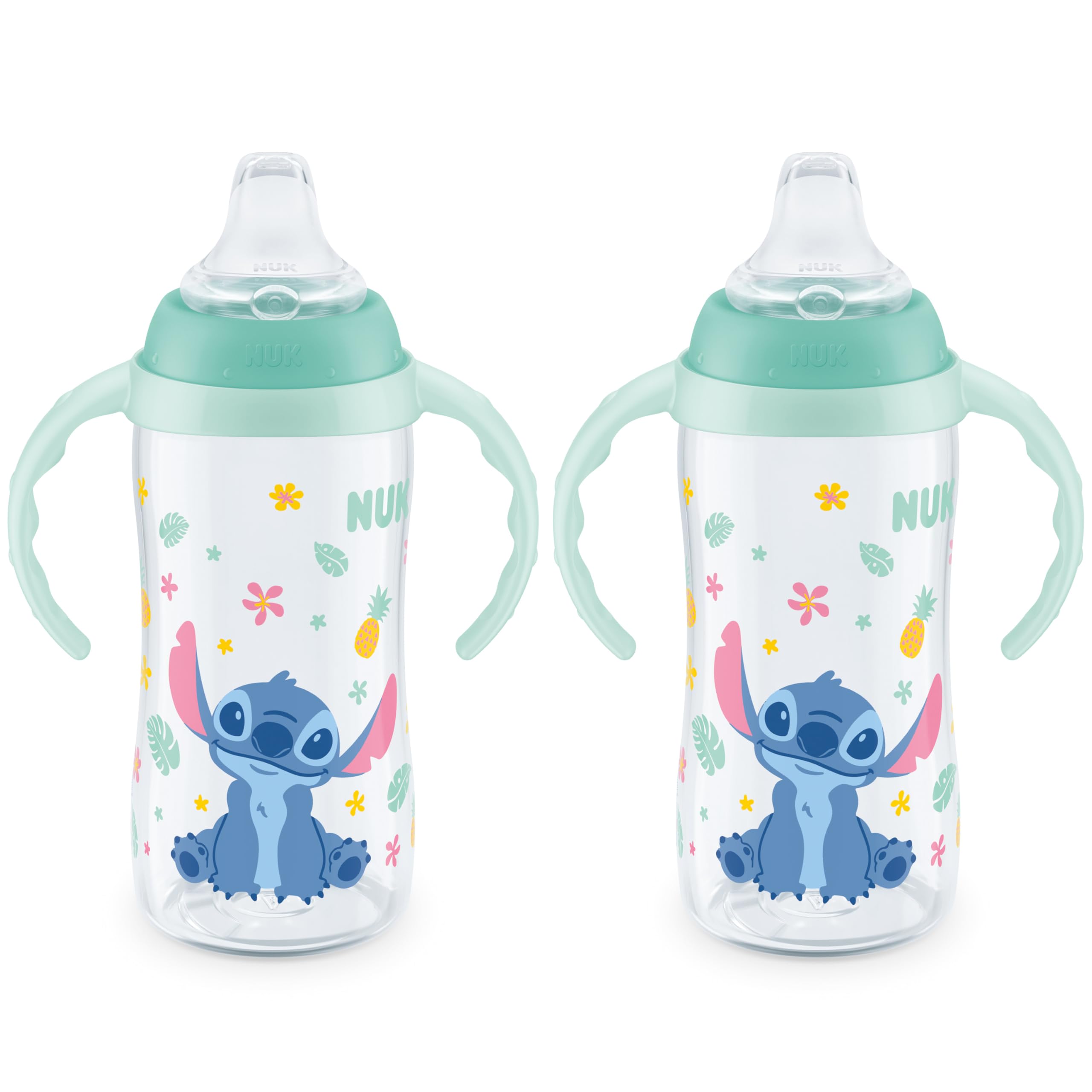 NUK Learner Cup, 10 Oz, Pack of 2, Disney's Stitch – Soft Spout, Easy-Grip Handles, BPA Free, Spill Proof Transition Sippy Cup