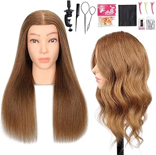 Mannequin Head Human Hair, 100% Real Hair Cosmetology Manikin Head for Practice Braiding Hairstyling Cutting with Free Clamp Holder and Tools (100% Light Brown)
