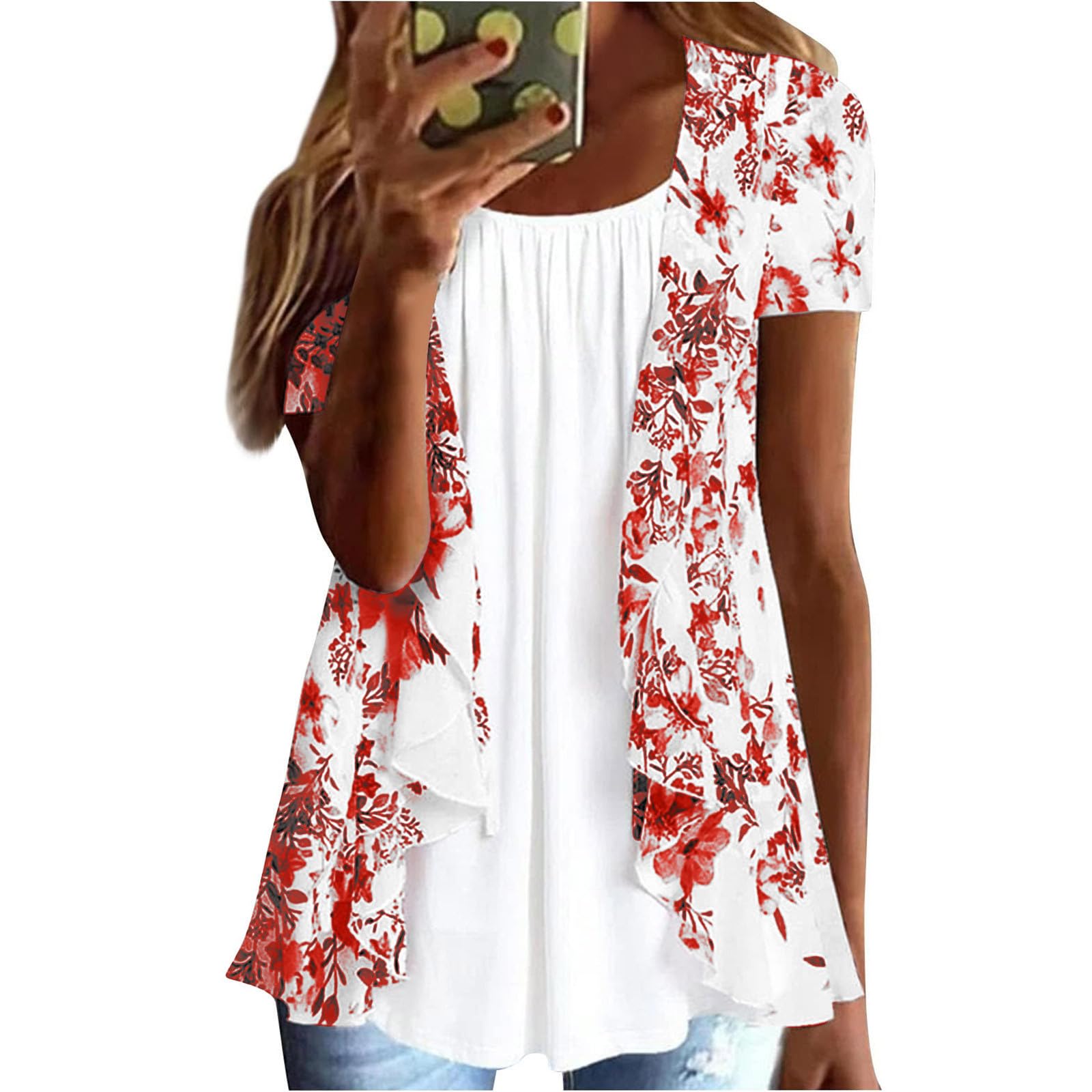 Women Summer Plus Size Short Sleeve Tops Fake Two Piece Loose Pleated Layered Blouse Shirt Hide Belly Tunic Tops