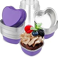 Vista 13 de Moldes para pasteles en forma de corazón de 3.5 pulgadas, molde de papel de aluminio con tapas, 25 piezas desechables de corazón pequeño