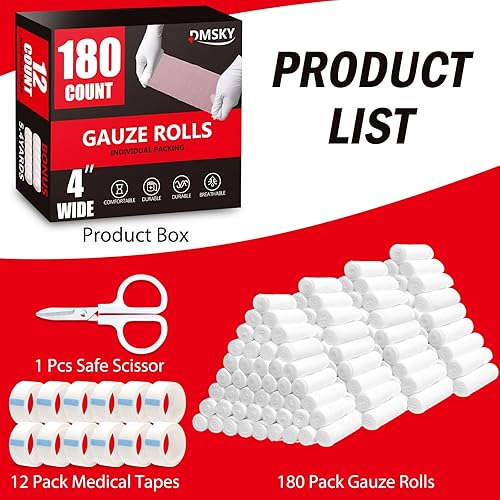 Miniatura 2 de Paquete de 180 rollos de gasa, 4 pulgadas x 4.1 yardas, gasa enrollada transpirable envuelta individualmente, suministros de primeros auxilios de