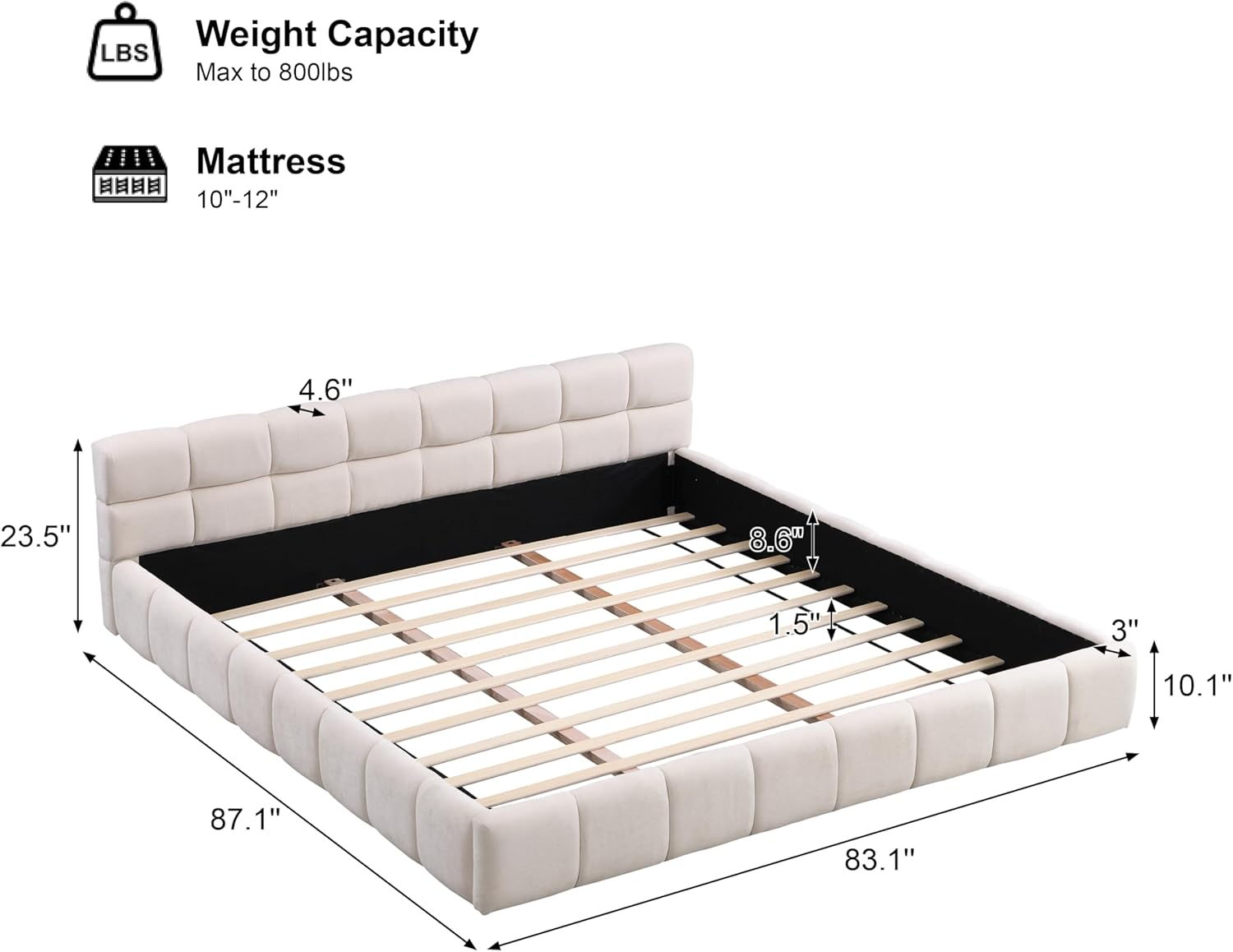 SOFTSEA King Size Upholstered Bed Frame with Checkerboard Design, Elegant Chenille Floor Upholstered Bed with Slats Support, Beige