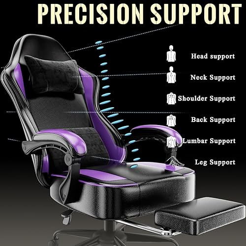 Miniatura 6 de Silla de juegos con cojín de resorte de bolsillo y reposapiés, silla ergonómica de computadora para adultos, silla de juegos de piel sintética Negro