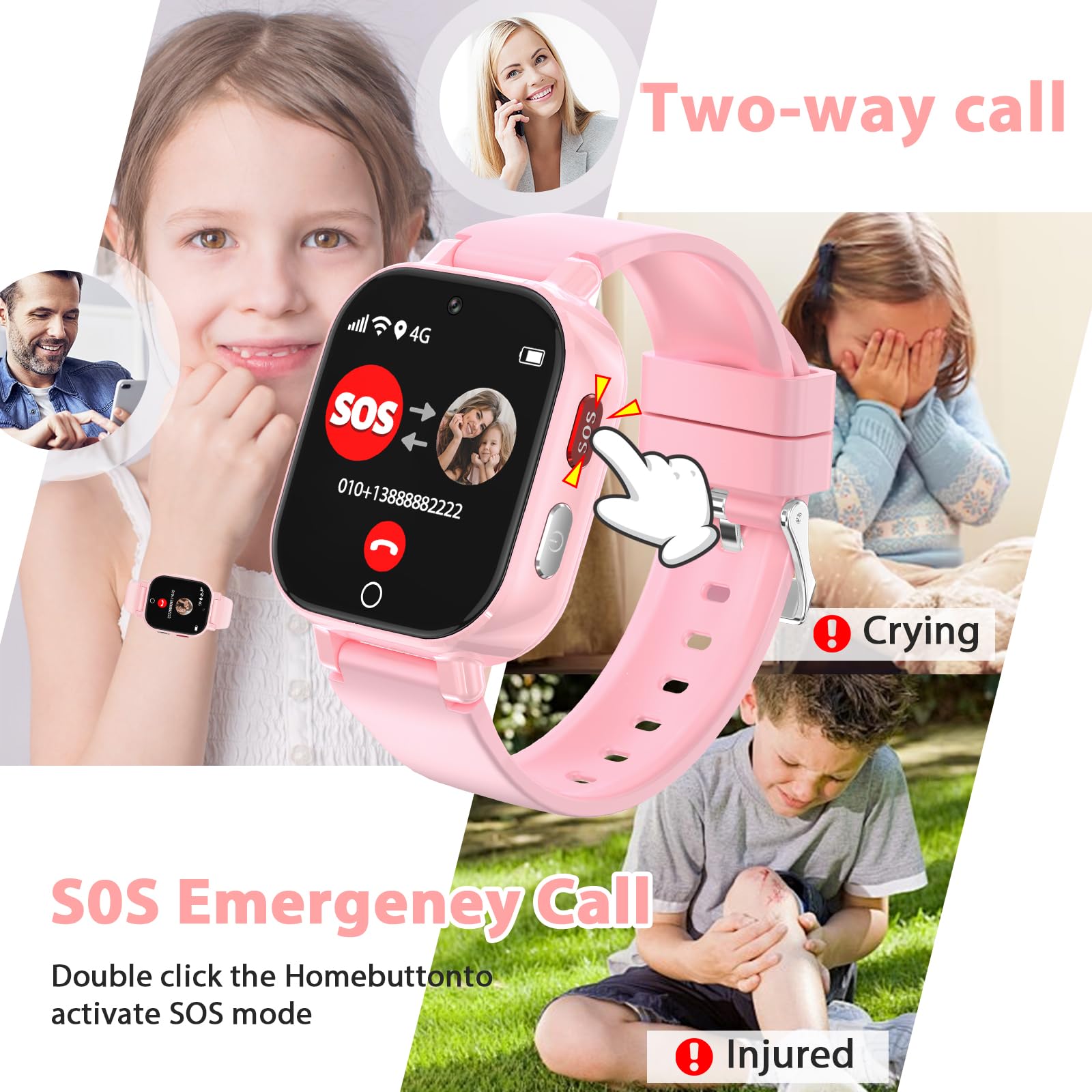 Smartwatch Bambini, Orologio Bambina con GPS, IP68 Smartwatch Bambino Chat Video/Vocale/WIFI/Ricezione SMS SOS Modalità Scuola Piccolo Orologio per Bambini, Regali Bambino Dai 4 Anni in Su, Rosa