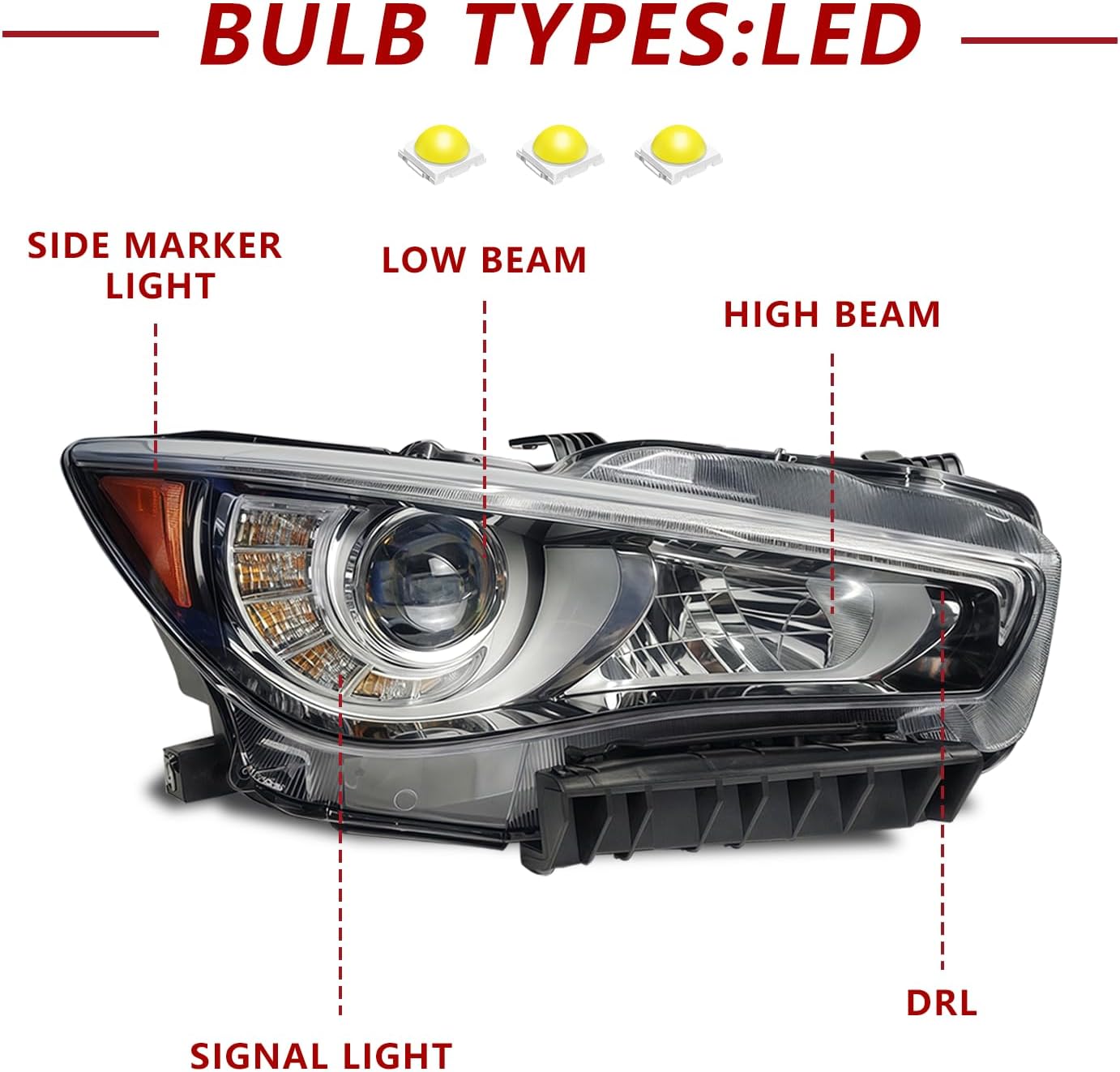 LED Headlight Assembly for 2014-2022 Infiniti Q50 - Projector Headlights with LED DRL, Chrome Clear Housing, Non-AFS, Right (Passenger Side)