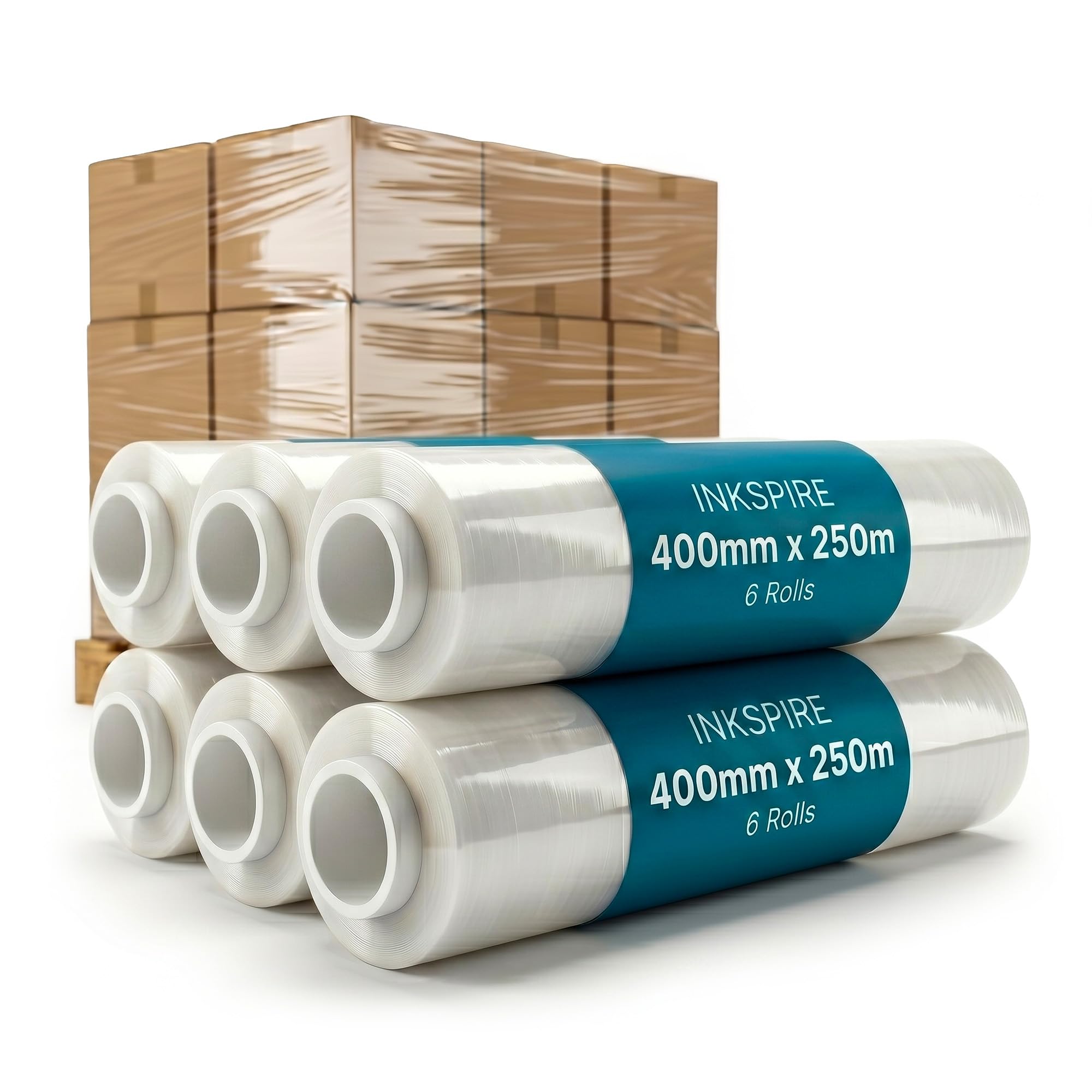 Inkspire 6 Rolls Stretch Shrink Wrap Roll 400mm x 250m – Strong Clear Pallet Wrap, Tear-Resistant Waterproof Packaging Cling Film for Moving, Storage Boxes, Shipping & Warehouse Use