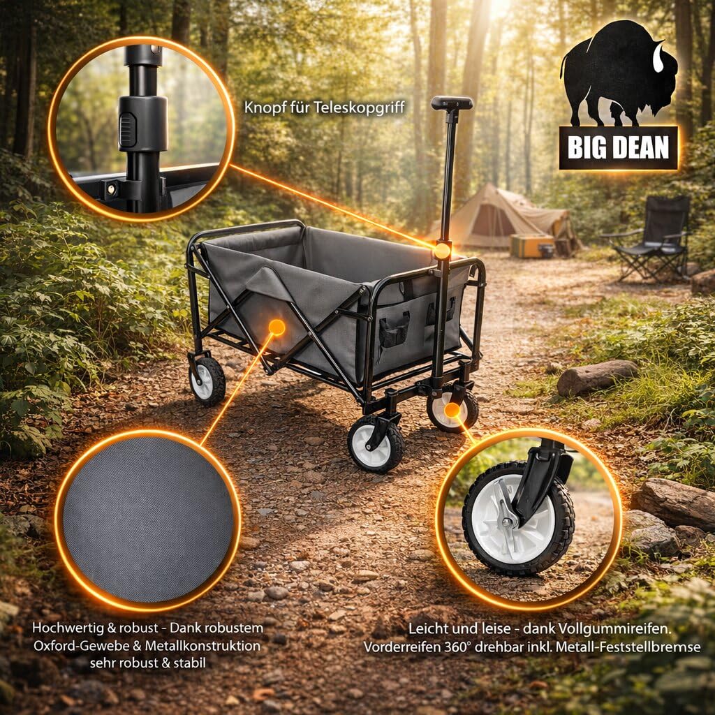 BigDean Bollerwagen faltbar bis 80kg grau schwarz kompakter Faltbollerwagen | Transportwagen klappbar - Handwagen für Camping, Einkäufe, Garten, Festival & Ausflüge