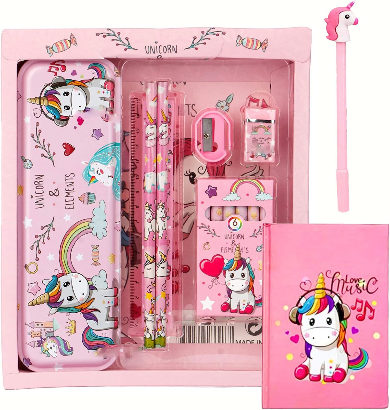 Stationery Gift Set for Girls Unicorn Stationery Combo Pack for Baby Girls Students 8 in 1 Packed Gift Se, 1 Unicorn Small Ruled Diary and 1 Cute Unicorn Blue Pen Return Gift Set for Girls