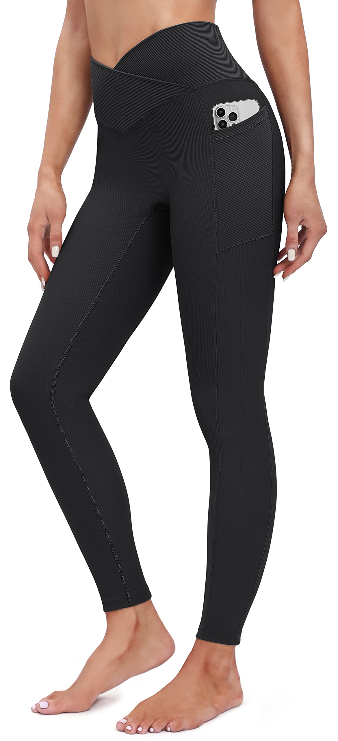 Heathyoga Crossover Leggings with Pockets for Women High Waisted Yoga Pants with Pockets Cross Waist Workout Leggings Black