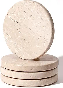 Beige Travertine Coasters Set of 4,Marble Absorbent Coasters 4 '',Ideal for Housewarming Gifts, Anniversaries, Office Decorations - Protects countertops - Sturdy and Durable, Beautiful and Generous