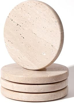 Beige Travertine Coasters Set of 4,Marble Absorbent Coasters 4 ,Ideal for Housewarming Gifts, Anniversaries, Office Decorations - Protects countertops - Sturdy and Durable, Beautiful and Generous