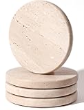 Beige Travertine Coasters Set of 4,Marble Absorbent Coasters 4 '',Ideal for Housewarming Gifts, Anniversaries, Office Decorations - Protects countertops - Sturdy and Durable, Beautiful and Generous