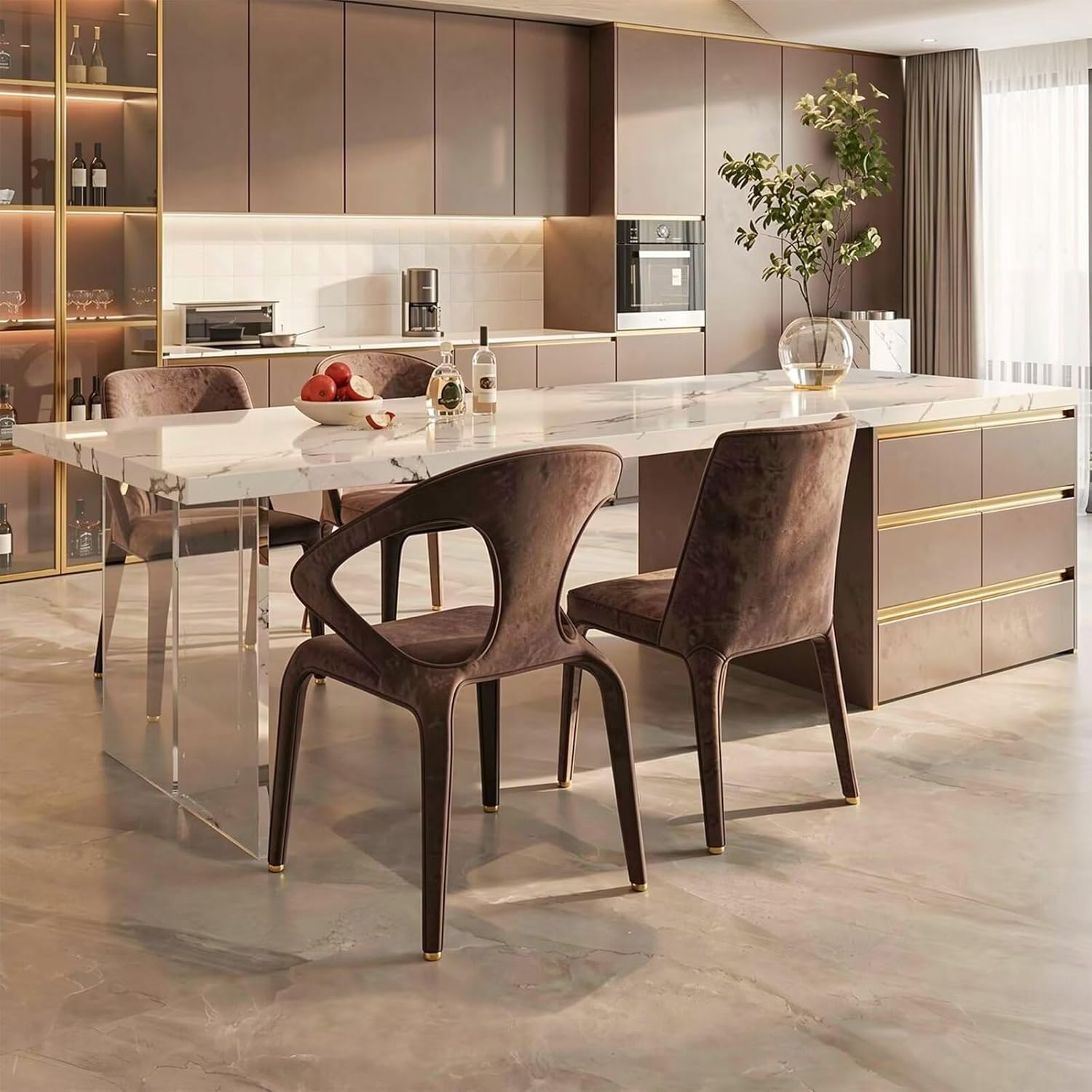 Kitchen Island with Storage - Kitchen Island Table with Slate Countertop & Gold Accents Luxurious Bar Includes Ample Storage Drawers, for 4 People (70.87IN No Chairs)