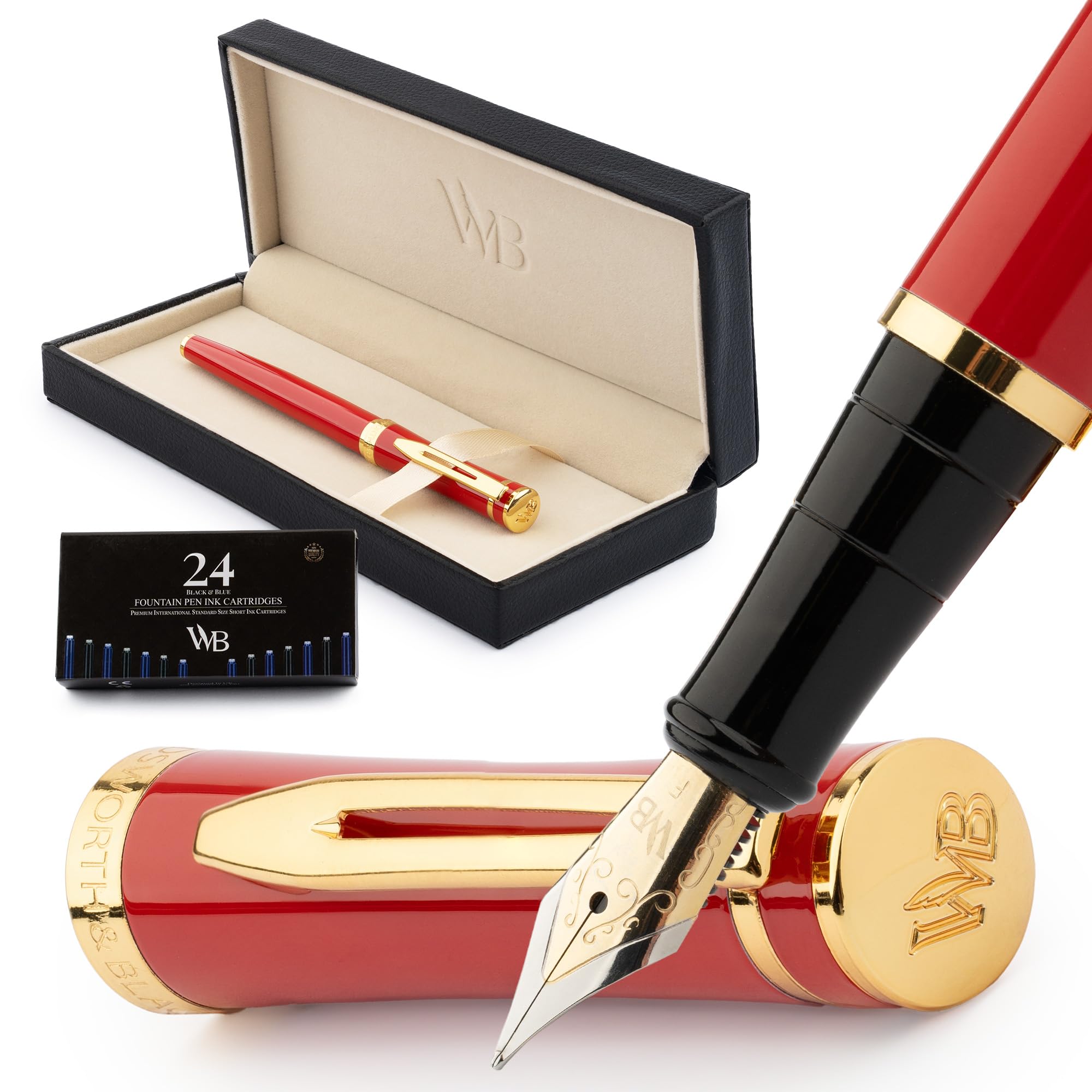 Wordsworth & Black Fountain Pen Set, 18K Gilded Fine Nib, Includes 24 Pack Ink Cartridges, Ink Refill Converter & Gift Box, Gold Finish, Calligraphy,