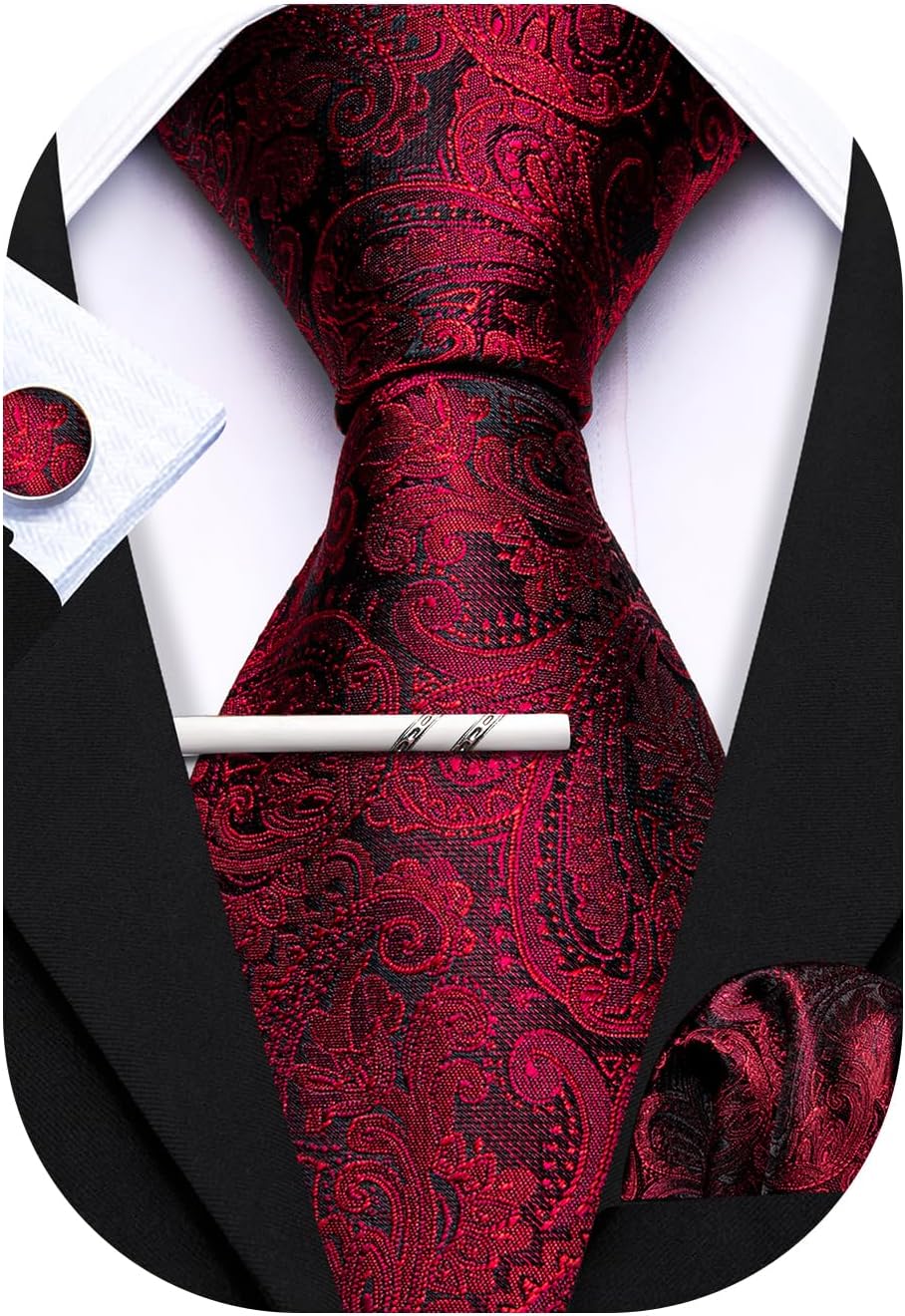 Barry.WangMens Tie Paisley Plaid Striped Floral Silky Necktie Pocket Square Cufflinks Clip Set Wedding Party Formal Business