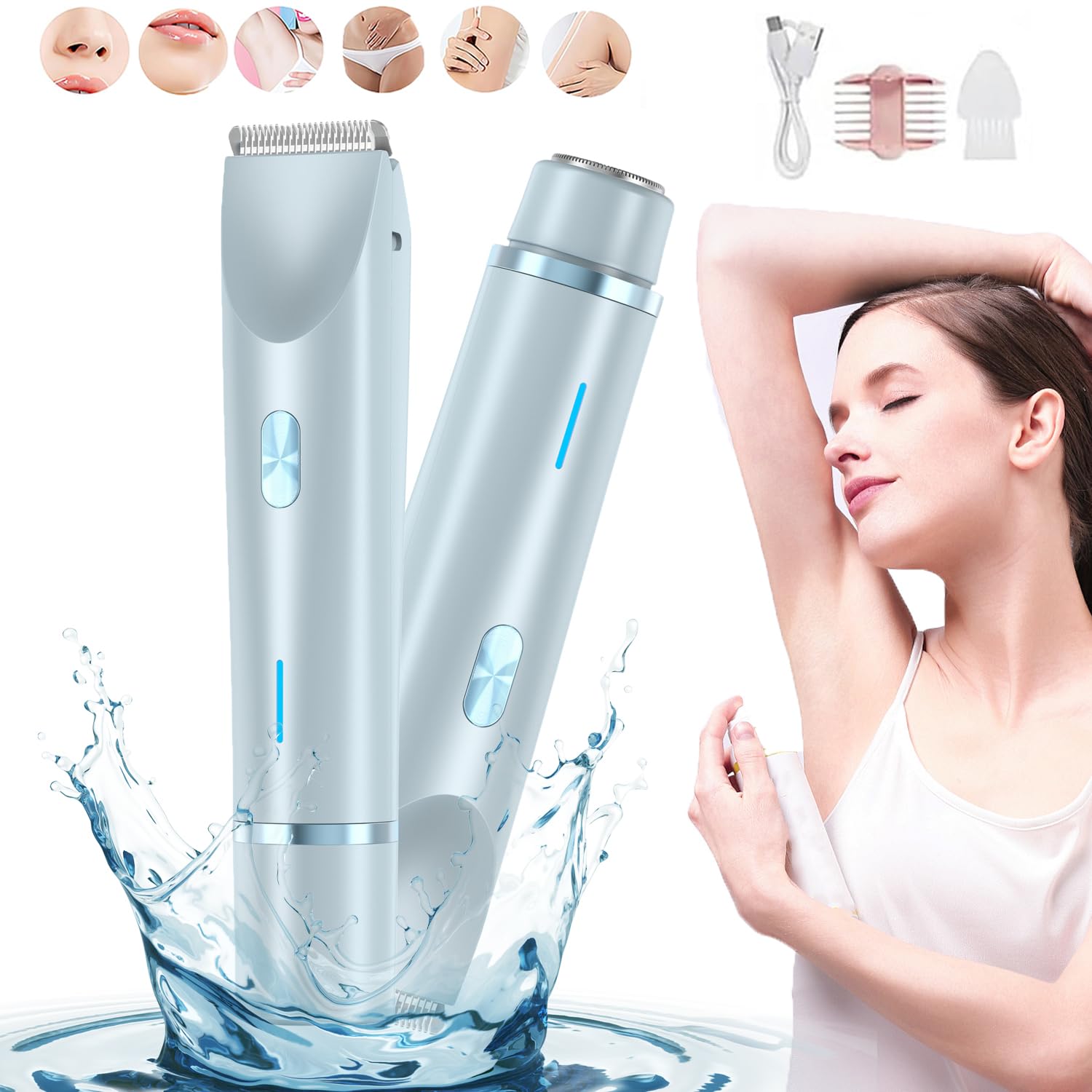 Rasoir électrique 2 en 1 pour femme - Rasoir électrique 2 en 1 pour femme - Rasoir bikini 2.0 - Double tête humide et sèche - Pour poils pubiens (bleu)
